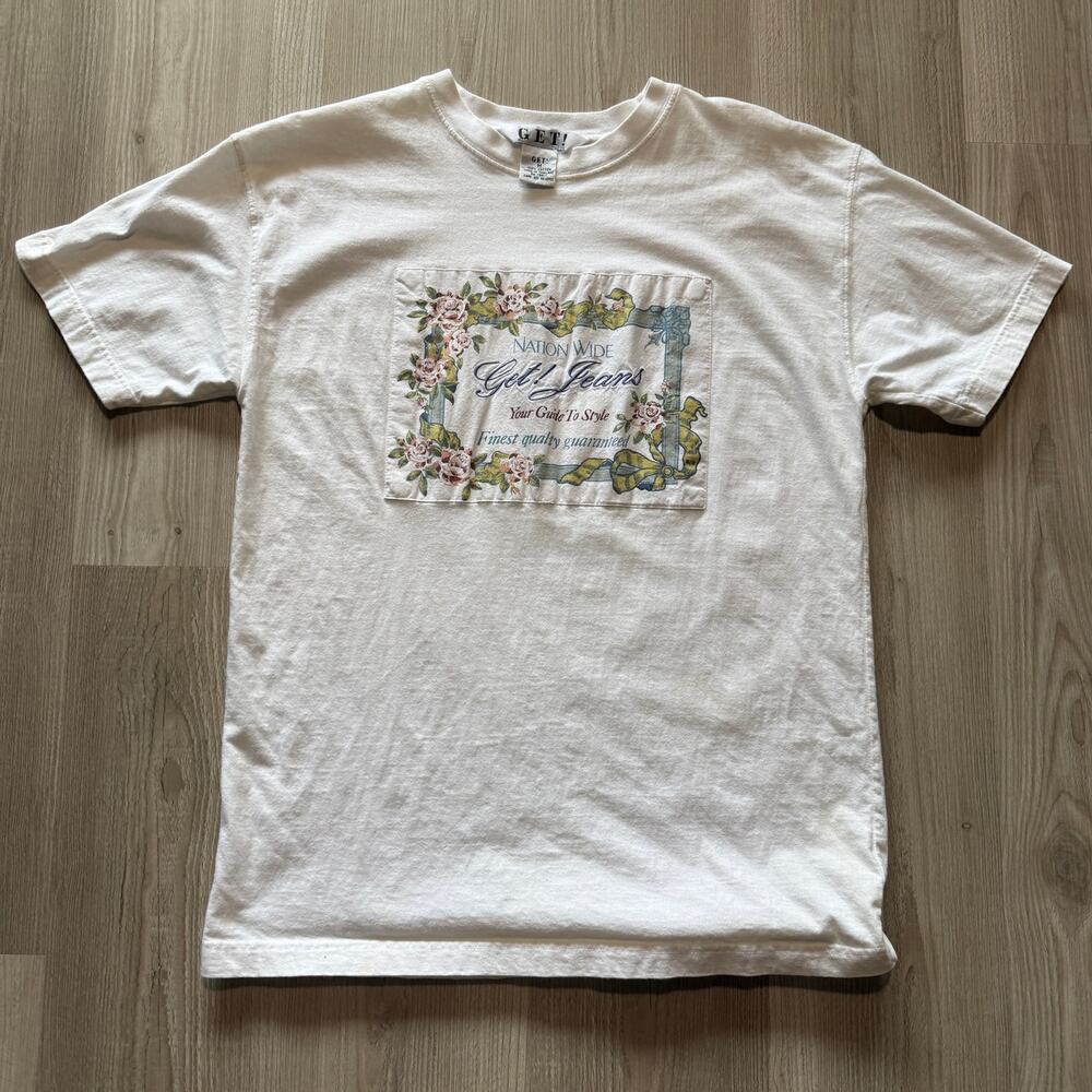 Vintage 90's Nation Wide Get! Denim Blue Jeans White Tee Shirt Sz Medium VTG